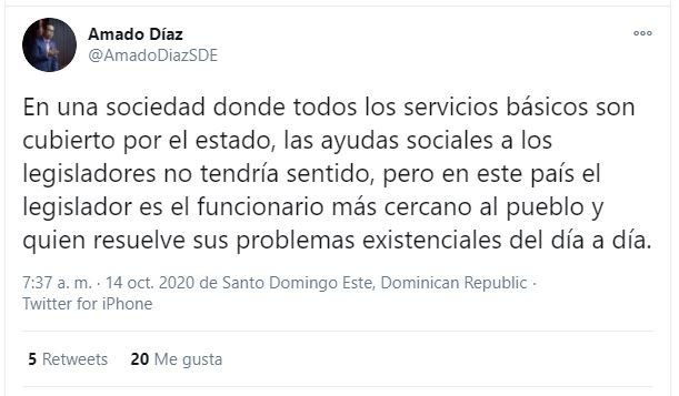 Twitt Amado 02 Amado Díaz: Legisladores que renuncian al "barrilito" no ayudan a quien los elige
