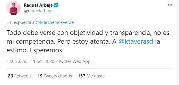Twitt Arbaje kimberly “Estoy atenta”, twittea Raquel Arbaje sobre caso de Kimberly Taveras