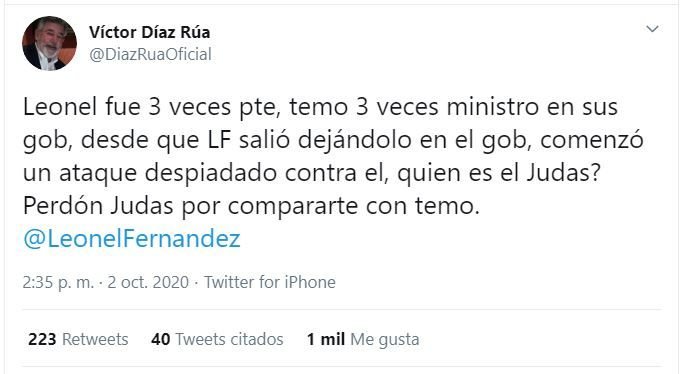 Twitt Diaz Rua Díaz Rúa llama Judas a Temo y pide perdón al apóstol por compararlo