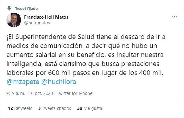 Twitt Holi 02 Holi Matos llama descarado al superintendente de Salud por aumentarse sueldo a RD$600,000
