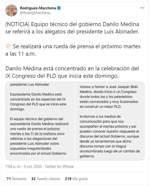 Twitt Marchena 02 Equipo técnico de Danilo Medina le responderá a Luis Abinader el martes