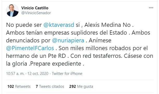 Twitt Vinicio Castillo 03 Vinicio Castillo a Carlos Pimentel: Investigue a Alexis Medina, que son miles de millones