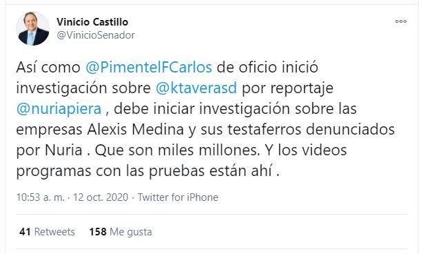 Twitt Vinicio Castillo 04 Vinicio Castillo a Carlos Pimentel: Investigue a Alexis Medina, que son miles de millones