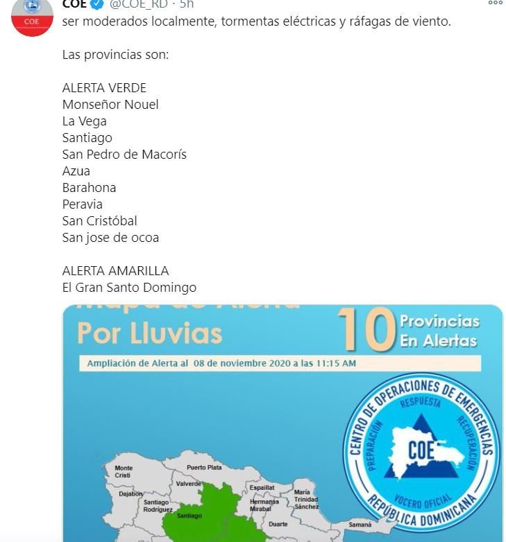 10 El COE pone 10 provincias en alerta por efectos indirecto de tormenta tropical Eta