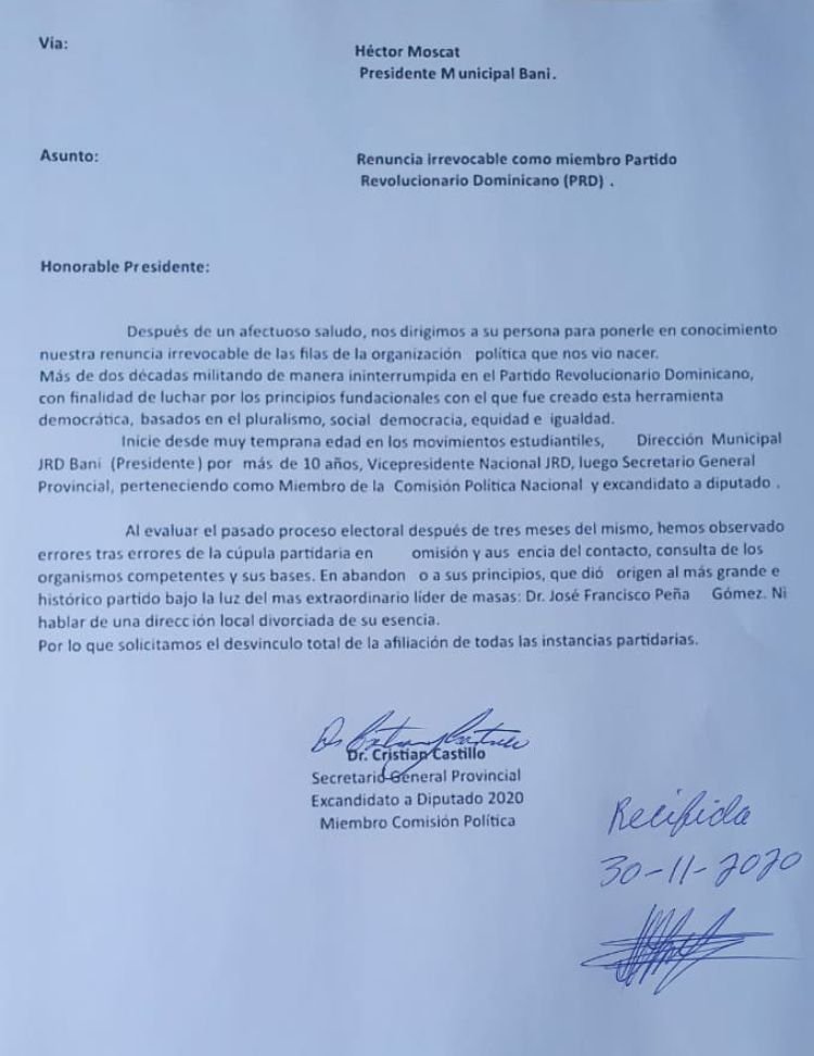 Carta renuncia Cristian Castillo Cristian Castillo renuncia del PRD, era secretario general provincia Peravia