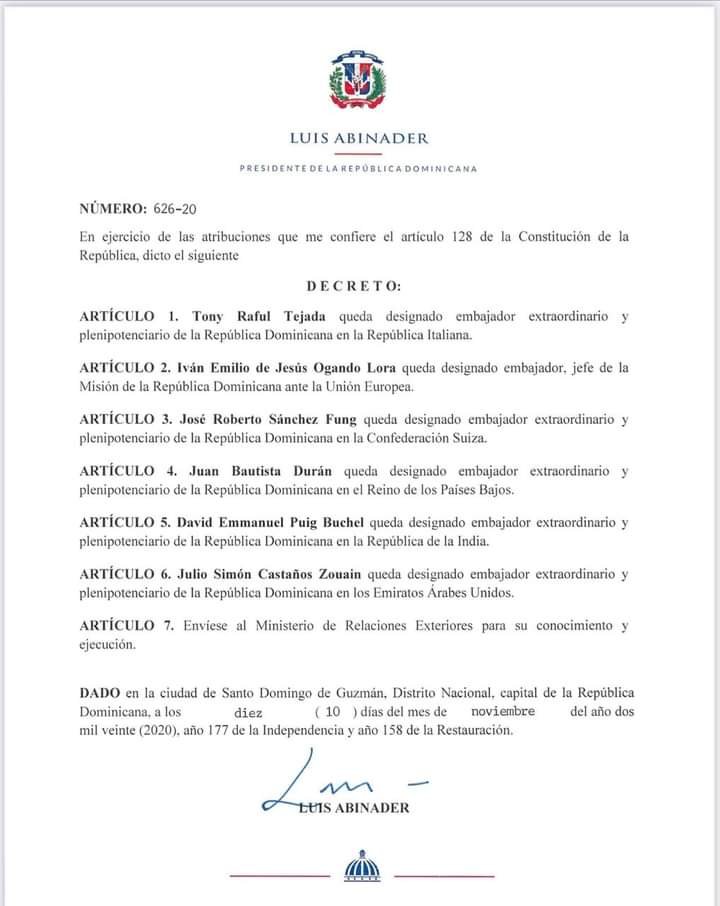 Decreto 626 20 Luis Abinader designa a Tony Raful como embajador en Italia