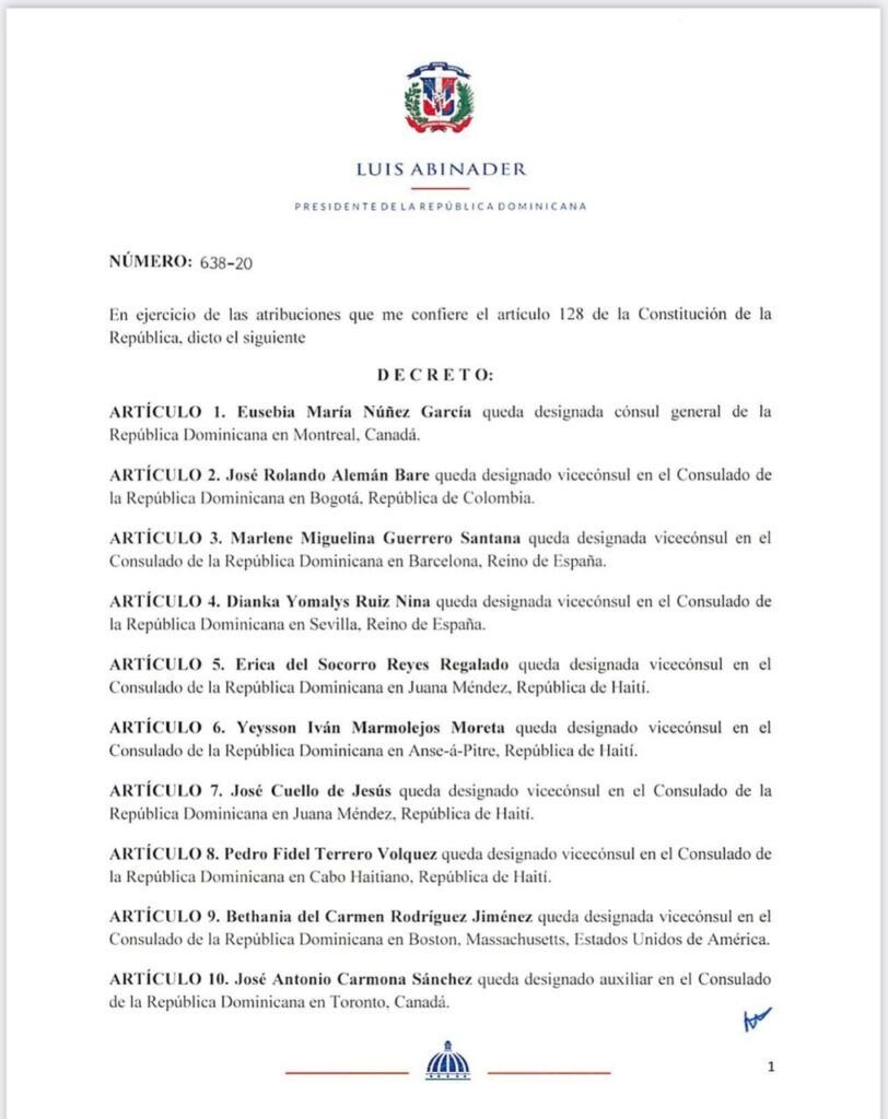Decreto 638 20 1 Presidente Abinader designa diez nuevos funcionarios en el servicio exterior