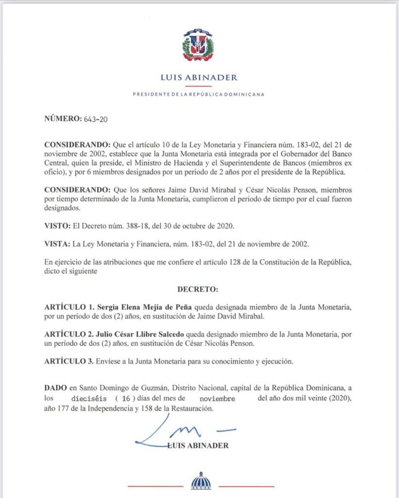Decreto 643 20 Abinader designa a Sergia Elena Mejía en la Junta Monetaria; sustituye a Jaime David