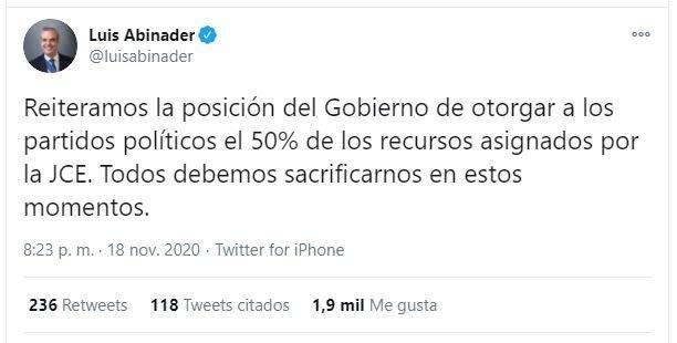 Twitt Abinader 50 partidos Abinader reitera el Gobierno otorgará a partidos el 50% de recursos asignados por JCE