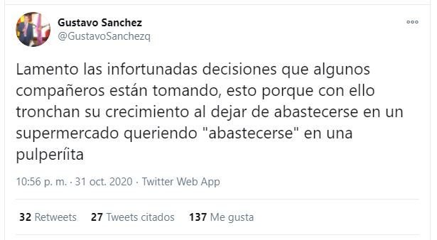 Gustavo Sánchez: Quien deja el PLD va de un supermercado a “una pulperiíta” 3 Twitt Gustavo Sanchez Gustavo Sánchez: Quien deja el PLD va de un supermercado a “una pulperiíta”