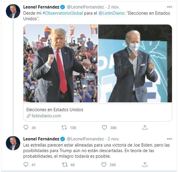 Twitt Leonel Leonel: "Las estrellas parecen estar alineadas para una victoria de Biden"