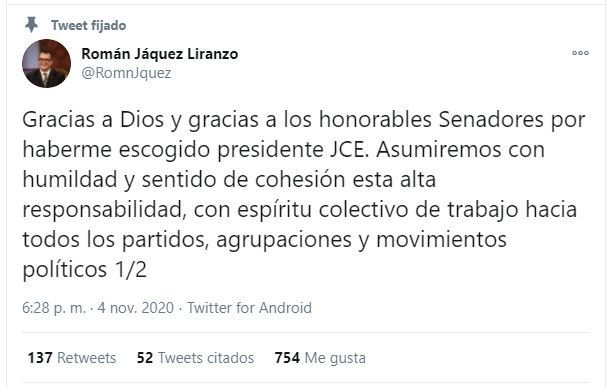 Twitt Roman 01 Román Jáquez: Mi compromiso es con la Constitución, las leyes y la integridad