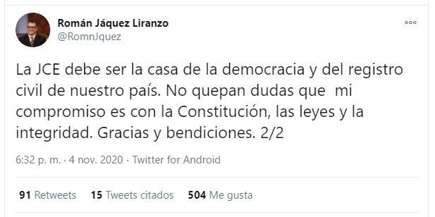 Twitt Roman 02 Román Jáquez: Mi compromiso es con la Constitución, las leyes y la integridad