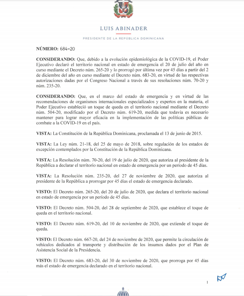 decreto 1 1 Ejecutivo extiende el toque de queda hasta 22 diciembre en mismo horario