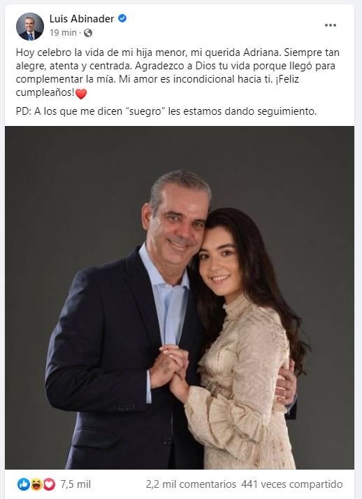 Abinader al felicitar a su hija menor: “A los que me dicen 'suegro' les estamos dando seguimiento” 3 Abinader FB 01 Abinader al felicitar a su hija menor: “A los que me dicen 'suegro' les estamos dando seguimiento”