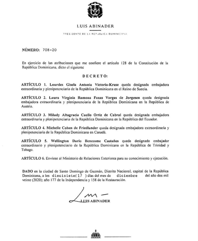 Decreto 708 20 Abinader designa seis nuevos embajadores extraordinarios y plenipotenciarios