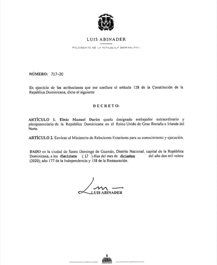 Decreto 717 20 Abinader designa seis nuevos embajadores extraordinarios y plenipotenciarios