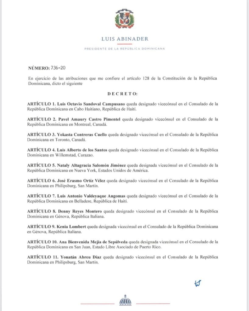 Luis Abinader designa 24 nuevos funcionarios en el servicio exterior 3 Decreto 736 20 01 Luis Abinader designa 24 nuevos funcionarios en el servicio exterior