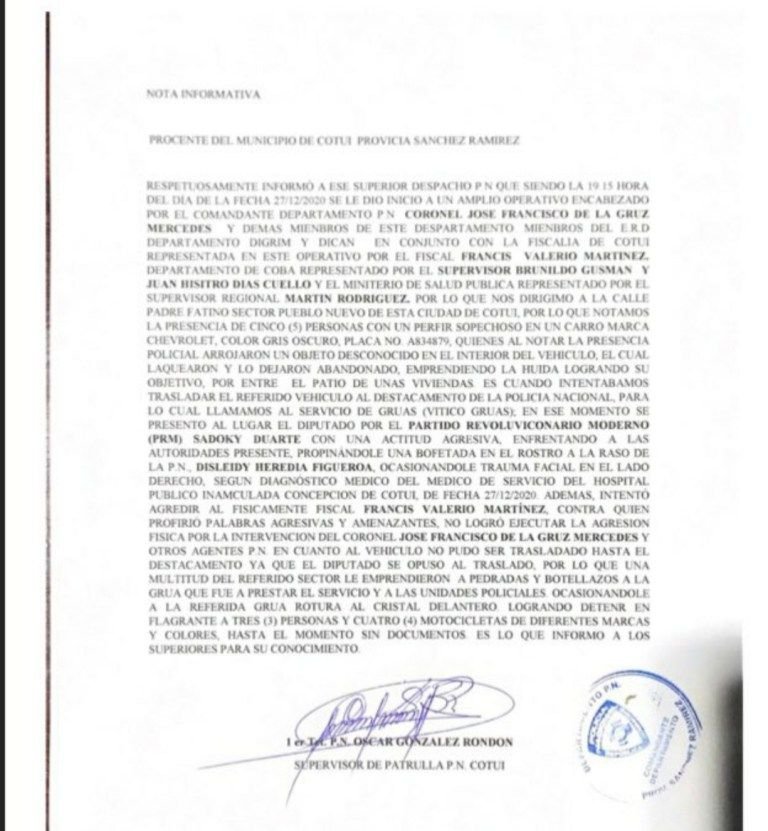 Informe Sadoki golpea mujer raso Acusan diputado PRM de golpear una mujer raso de la PN en Cotuí