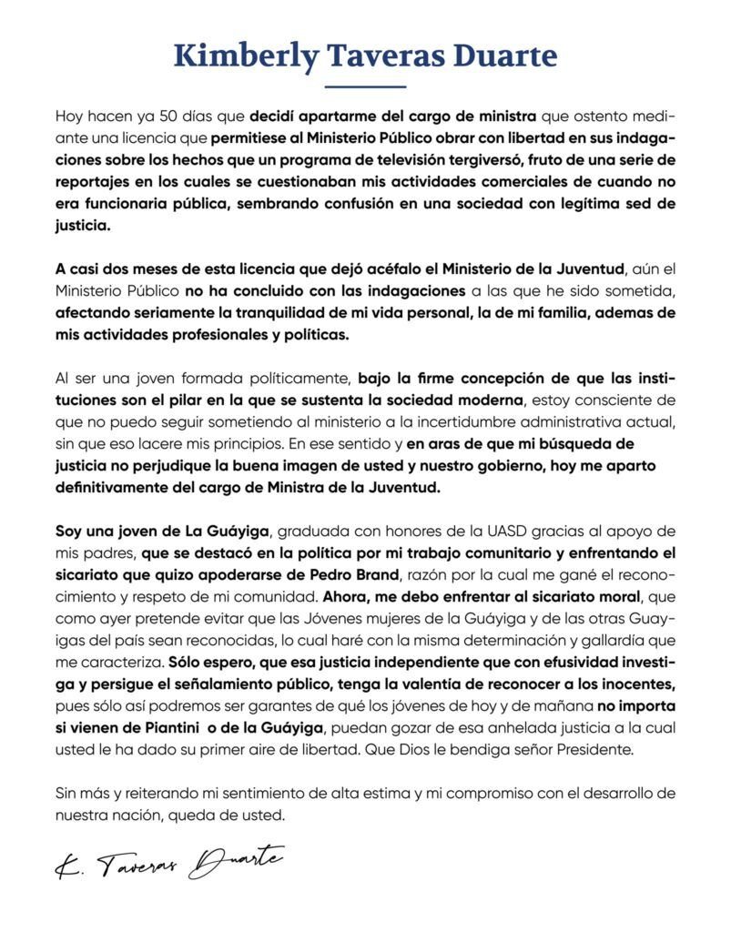 Kimberly Taveras renuncia del Ministerio de la Juventud 4 Renuncia Kimberly Kimberly Taveras renuncia del Ministerio de la Juventud