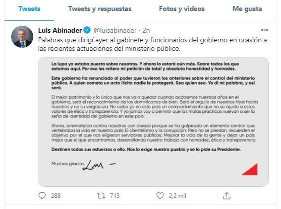 Twitt Abinader palabras Abinader: “A quien cometa un acto ilícito nadie le protegerá”