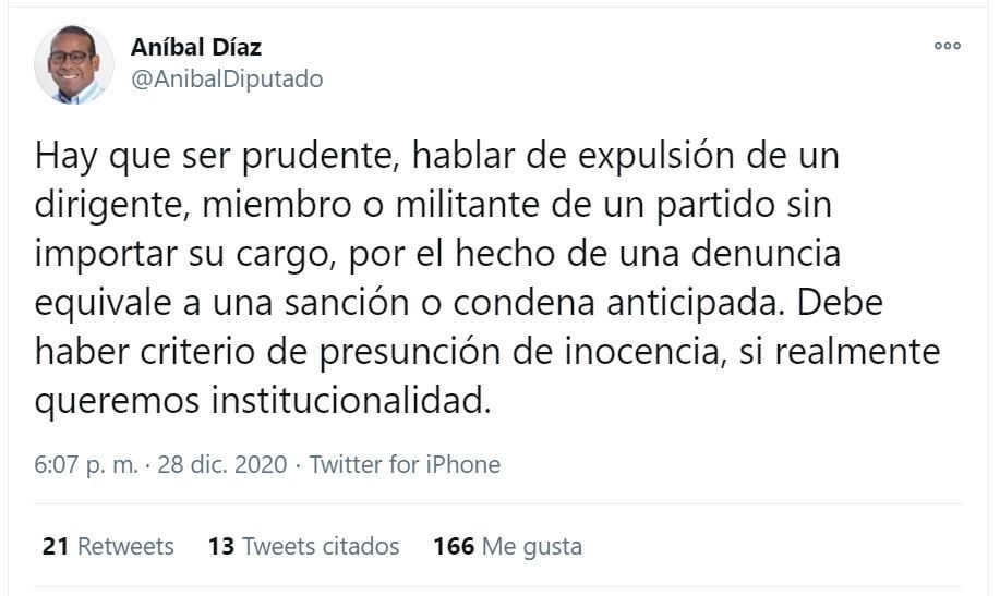 Twitt Anibal Diaz 01 Legisladores PRM ven apresurada declaraciones de Paliza contra Sadoky