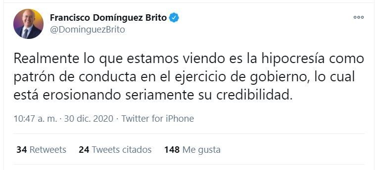 Domínguez Brito: "La hipocresía es el patrón de conducta del Gobierno" 4 Twitt Brito 02 Domínguez Brito: "La hipocresía es el patrón de conducta del Gobierno"