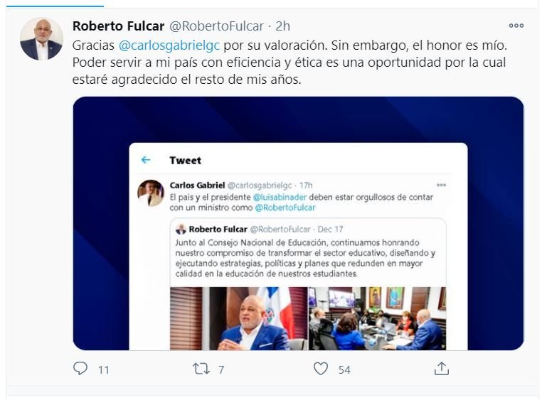 Twitt Fulcar a Carlos Fulcar a Carlos Gabriel: Es un honor servir a mi país con ética y eficiencia