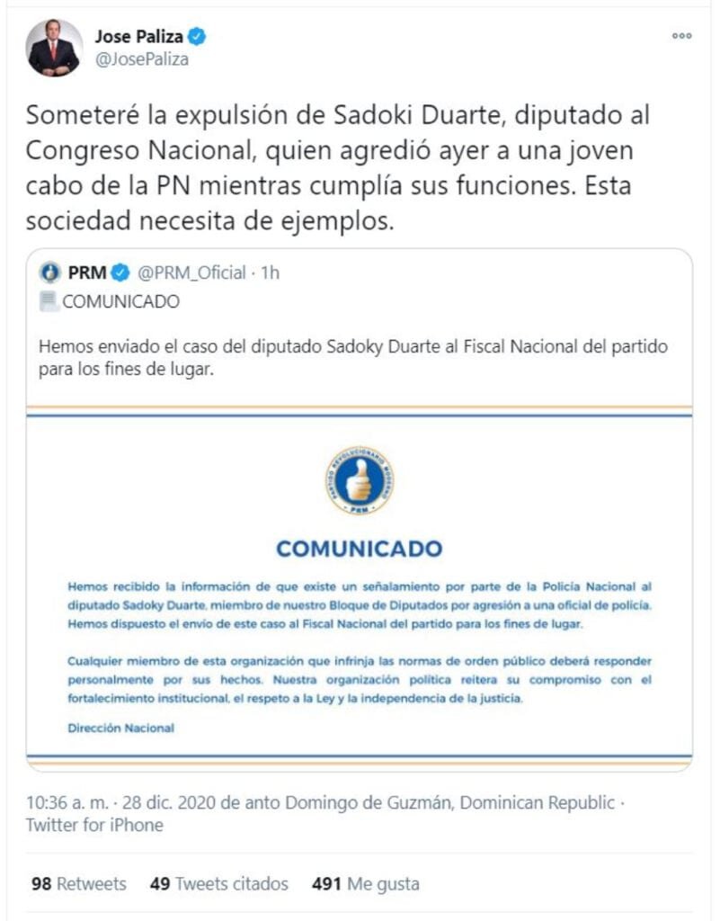 Twitt Paliza expulsion Sadoki Paliza pedirá expulsión del diputado Sadoki Duarte por agredir mujer policía