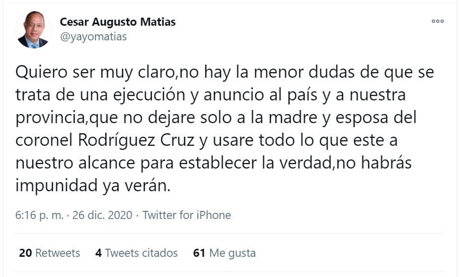 Twitt Yayo 01 Yayo Matías denuncia teniente coronel de la FARD fue ejecutado