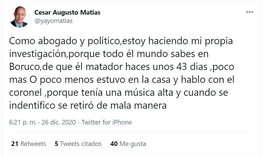 Twitt Yayo 02 Yayo Matías denuncia teniente coronel de la FARD fue ejecutado