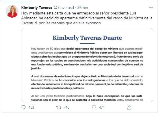 Kimberly Taveras renuncia del Ministerio de la Juventud 3 Twitt renuncia Kimberly Kimberly Taveras renuncia del Ministerio de la Juventud