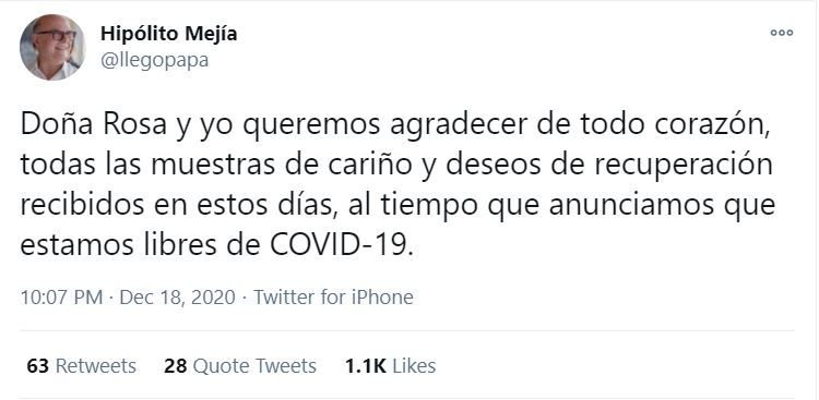 hipolito 3 Hipólito Mejía anuncia él y su esposa están libres de COVID-19