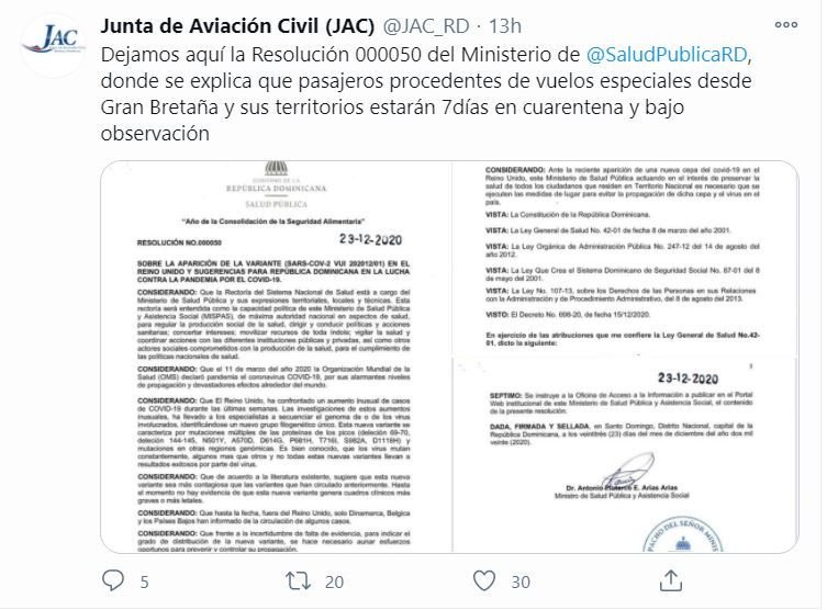 salud publica 9 MSP ordena cuarentena de 7 días a los pasajeros que lleguen a RD del Reino Unido