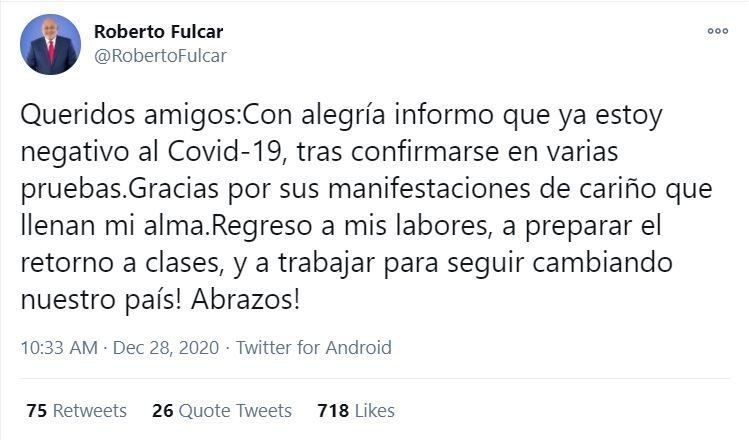 Ministro Roberto Fulcar informa superó el coronavirus 3 twitter furcal 1 1 Ministro Roberto Fulcar informa superó el coronavirus