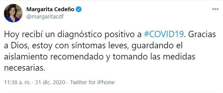 twitter margarita Exvicepresidenta R. Dom. Margarita Cedeño dio positivo al COVID-19
