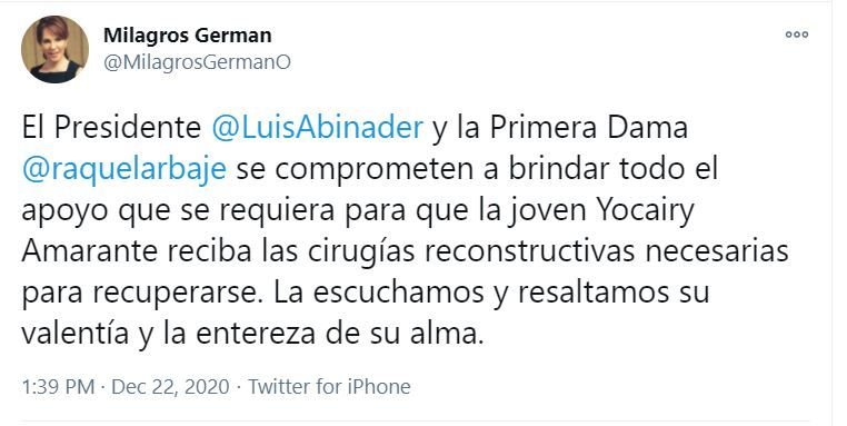 twitter milagro Presidente Luis Abinader y su esposa apoyarán a Yocairy Amarante con cirugía