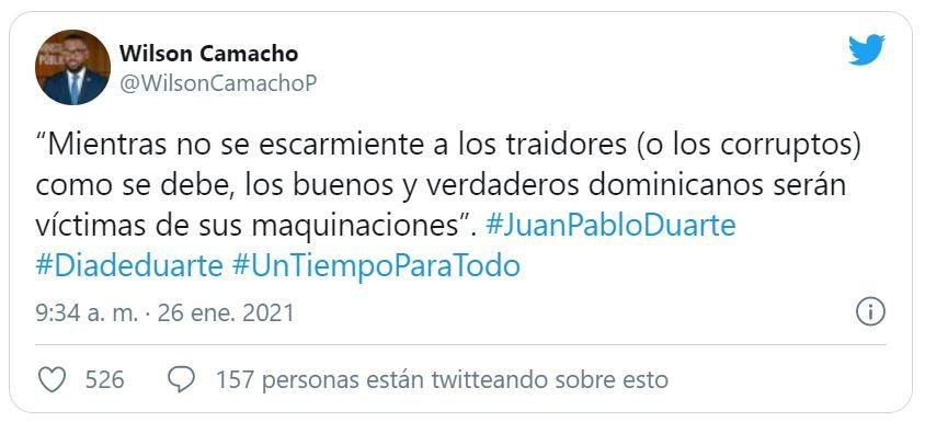 Camacho twitt Duarte Abinader llama a imitar a Juan Pablo Duarte y evitar corrupción; Camacho pide escarmiento