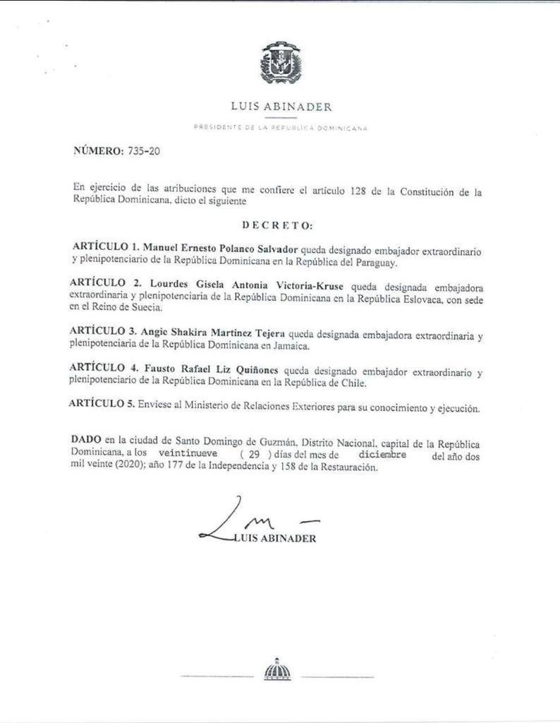 Decreto 735 20 Luis Abinader designa a Angie Martínez como nueva embajadora en Jamaica