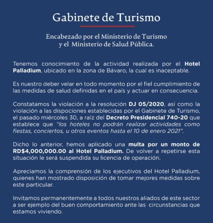 Multa a Palladium Multan con RD$4 millones hotel por multitudinaria fiesta de fin de año