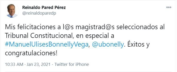 Reinaldo Pared felicita elección de nuevos jueces del TC 3 PARED Reinaldo Pared felicita elección de nuevos jueces del TC