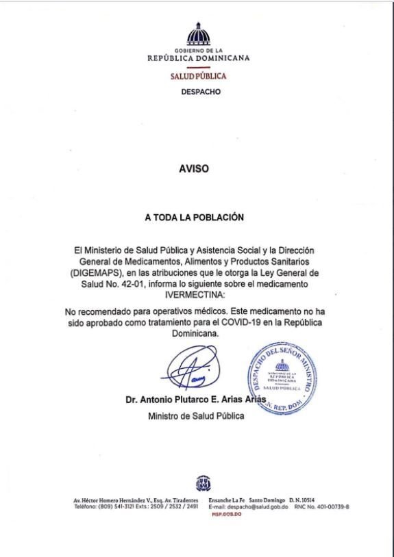 SALUD PUBLICA 15 Salud Pública no recomienda uso de Ivermectina para tratar Covid-19