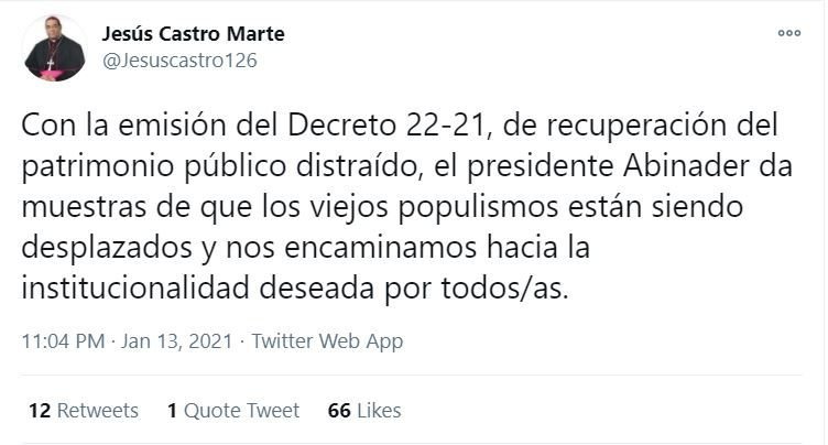 TWITTER CASTRO MARTE 2 Obispo Castro apoya decreto 22-21 que instruye recuperar bienes robados