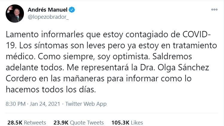 TWITTER LOPEZ OBRADOR Presidente de México da positivo a COVID-19
