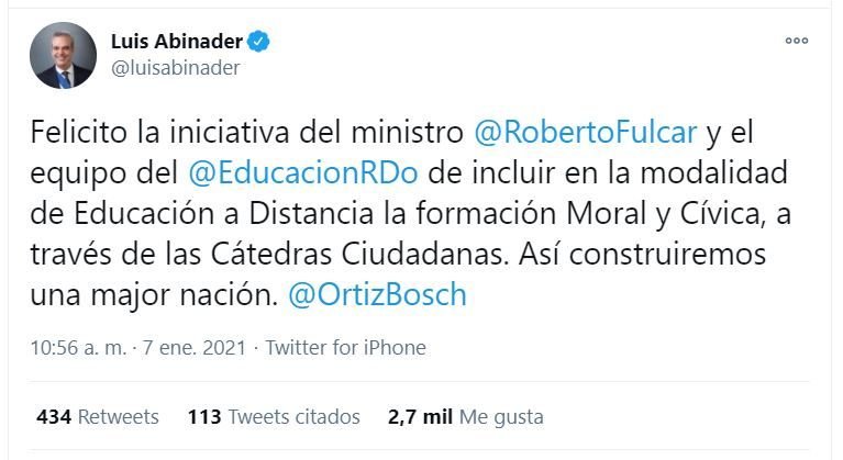 Twitt Abinader Fulcar Abinader felicita a Fulcar por incluir Moral y Cívica en nuevo modelo educativo
