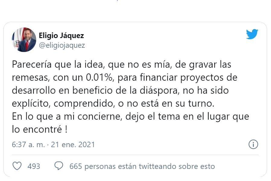 Twitt Eligio 02 Ministro de Hacienda: “El Gobierno nunca ha contemplado” impuestos a remesas