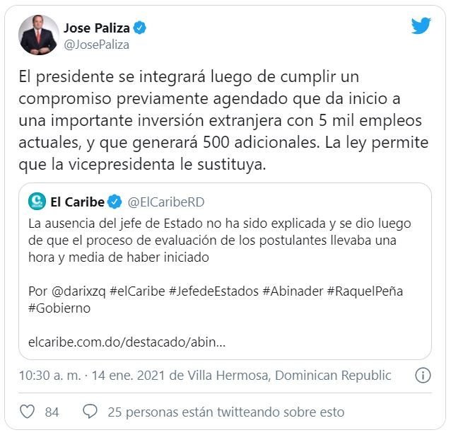 Twitt Paliza CNM Paliza explica porqué Abinader se ausentó de vista pública del CNM