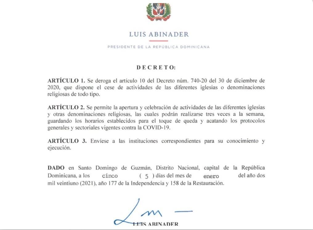 twitter abinader Poder Ejecutivo varía decreto prohibía misas y cultos religiosos en R. Dom.