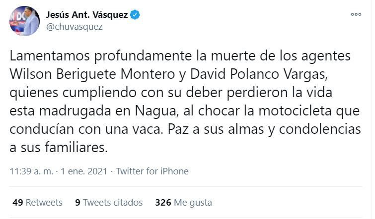 Chu Vásquez lamenta muerte de agentes policiales 3 twitter chu vasquez Chu Vásquez lamenta muerte de agentes policiales