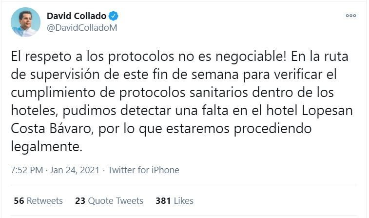 twitter david collado 1 El Ministerio de Turismo sancionará hotel de Bávaro por faltar al protocolo sanitario